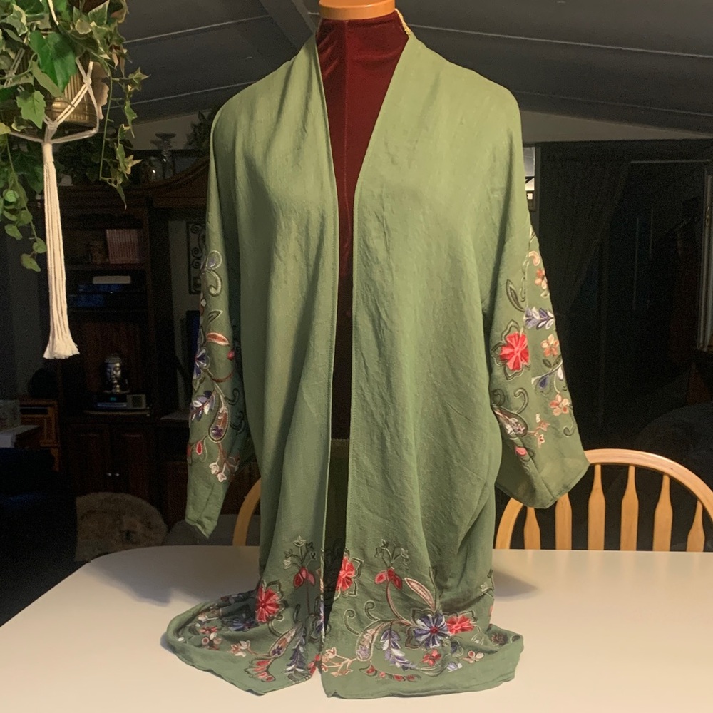 Embroidered Olive Green Kimono Cardigan